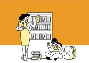 Illustration d'une femme lisant et d'une femme cherchant un livre dans une bibliothèque