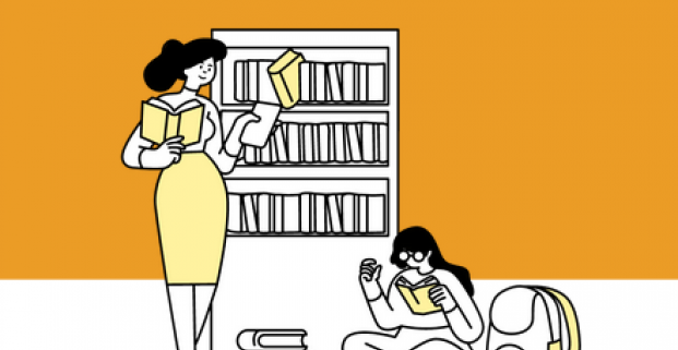 Illustration d'une femme lisant et d'une femme cherchant un livre dans une bibliothèque